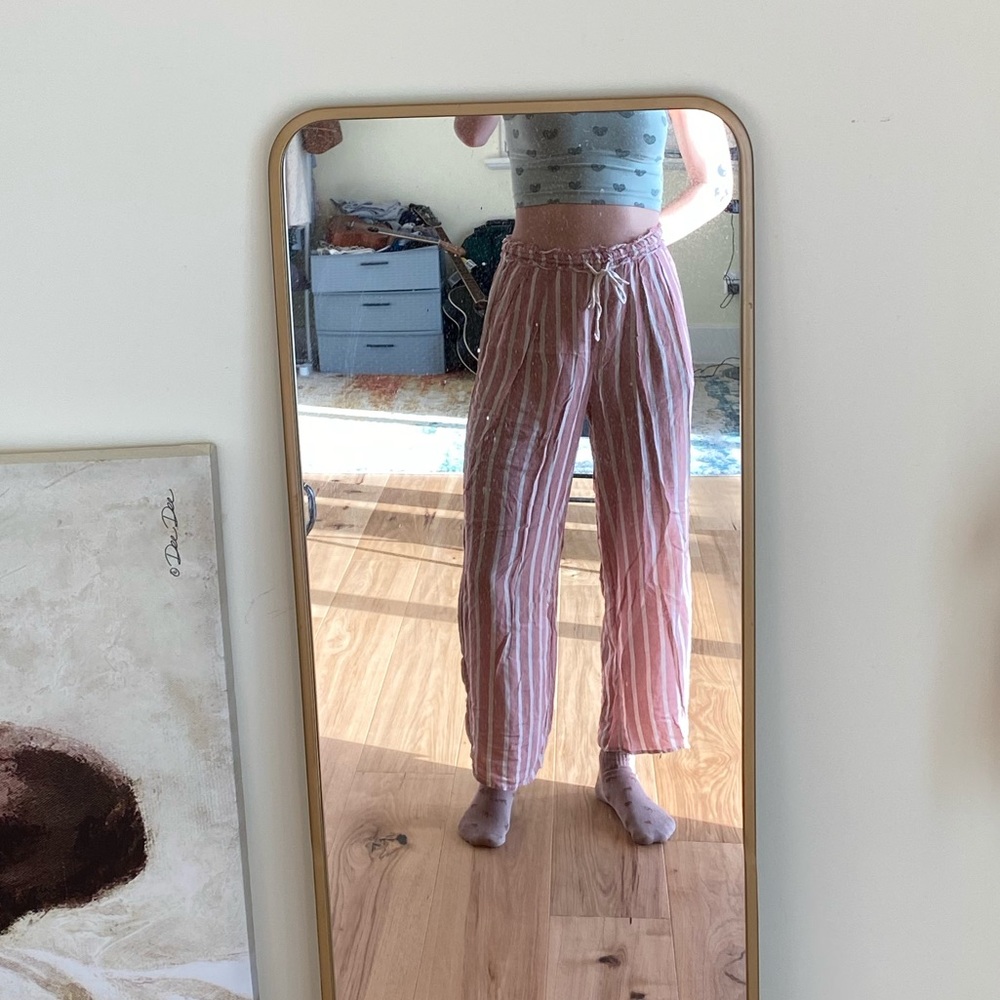 Red pinstripe flowy pants